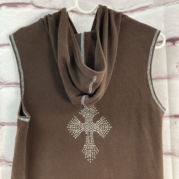 Quacker Factory Vest SZ M Women's Sleeveless Brown Waffle Hoodie Rhinestones Zip - Picture 7 of 11